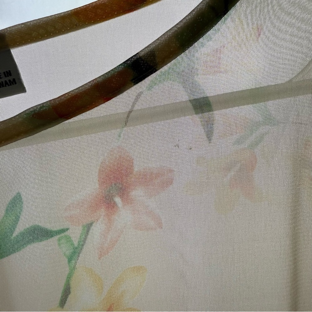 Susan Graver Blouse Womens Size Large Split Sleeve Orange Green Sheer Floral Top - Picture 7 of 10